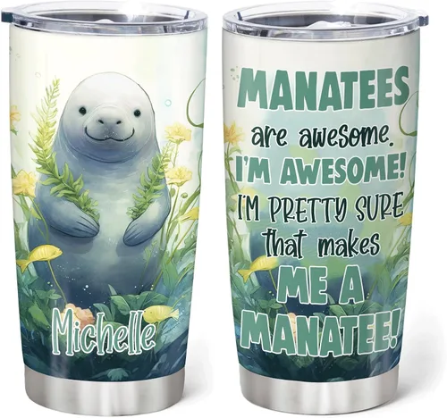 Miniatura 14 de Hyturtle Regalos personalizados para amantes de los manatíes, vaso de acero inoxidable con nombre personalizado de 20 onzas con tapa, idea de lindos