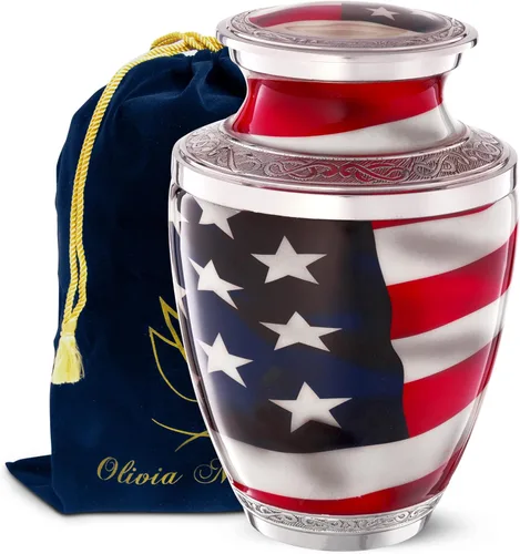 Miniatura 8 de Urna de corazón de bandera estadounidense, urna de cremación de corazón pequeño con soporte y caja, mini urna patriótica para policía veterana, urna