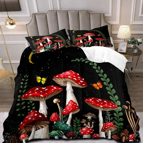 Miniatura 8 de LUVIVIHOME Juego de edredón de 2 piezas de hongos trippy rojos, tamaño individual, ropa de cama para niños y niñas, plantas botánicas verdes