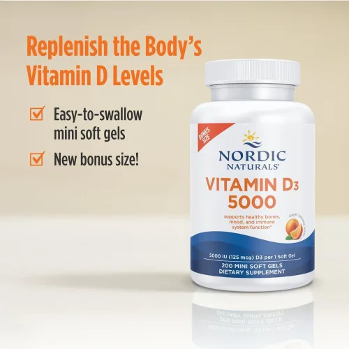 Miniatura 3 de Nordic Naturals Vitamina D3 5000, Naranja - 200 mini geles blandos - Apoyo para huesos saludables, estado de ánimo y sistema inmunológico