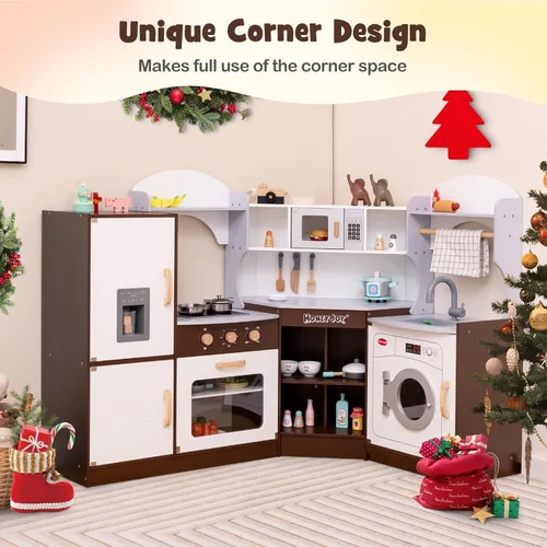 Miniatura 3 de HONEY JOY Juego de Cocina de Esquina para Niños, Cocina de Juego de Madera Definitiva para Niños Pequeños, Lavadora, Máquina de Hielo, Fregadero