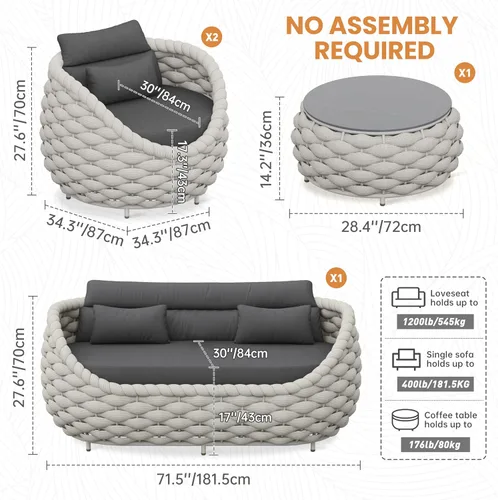 Miniatura 7 de Juego de muebles de patio de cuerda de 4 piezas: conjunto de sofás al aire libre de aluminio acolchado - sofá de conversación moderno ensamblado