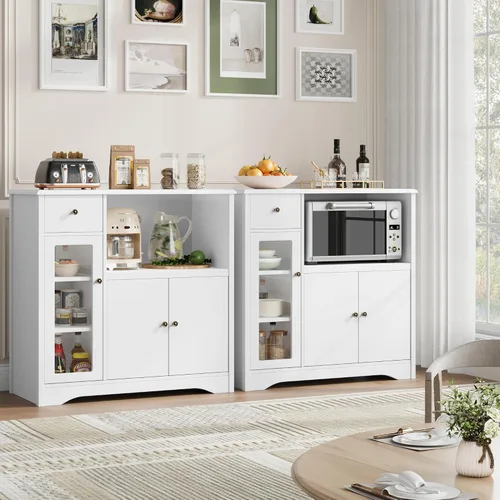 Miniatura 7 de HORSTORS Armario para microondas, armario de almacenamiento de cocina con 3 puertas y 1 cajón, aparador de buffet con estantes ajustables, soporte