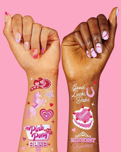 Miniatura 3 de xo, Fetti Pink Pony Club - Tatuajes temporales – 54 piezas de papel de aluminio iridiscente Fiesta de despedida de soltera de vaquera, recuerdos