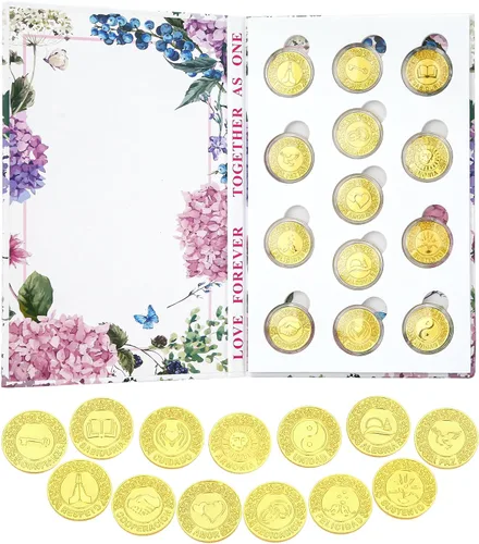 TINGKU Juego de monedas de oro español (13 unidades), caja de almacenamiento con diseño de colección de libros para ceremonia de boda, regalo de