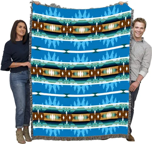 Miniatura 14 de Pure Country Weavers Cimarron - Manta azul inspirada en los nativos americanos del suroeste - Tapiz de regalo tejido de algodón - Fabricado