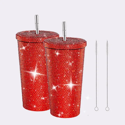 Miniatura 11 de Tazas de café helado con purpurina de diamante, taza de agua azul brillante con tapa y popote para agua para mujer y niña, 2