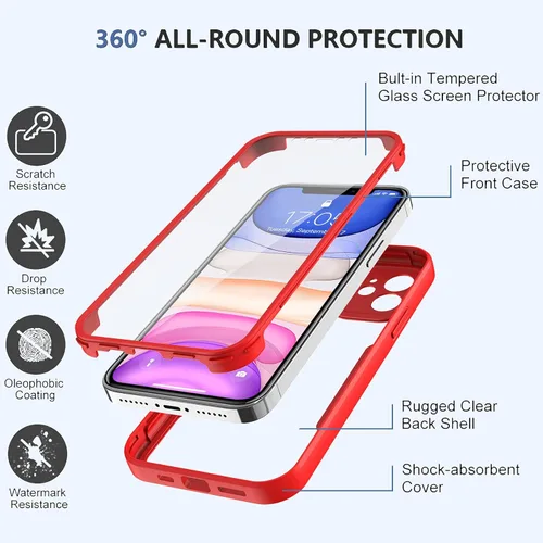 Miniatura 2 de Funda compatible con iPhone 11, diseño transparente de cuerpo completo con protector de pantalla integrado, a prueba de golpes, antiarañazos, Rojo