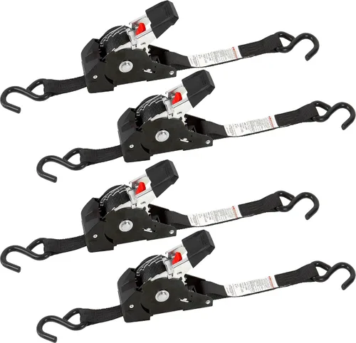 Correas de trinquete retráctiles de 1 pulgada x 6 pies, resistencia a la rotura de 1600 libras, paquete de 4 amarres autoretráctiles con ganchos en