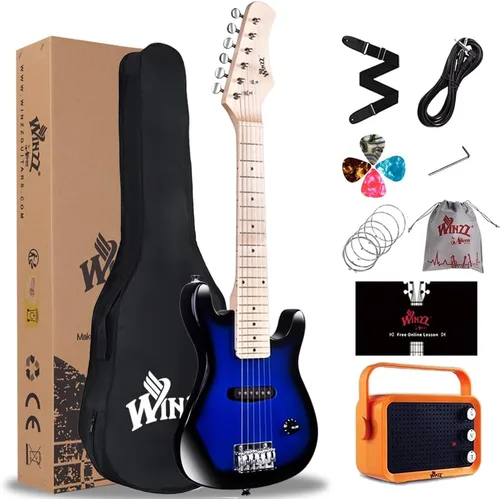 WINZZ EGM100 - Guitarra eléctrica para niños de 30 pulgadas con kit para principiantes, para diestros, Blueburst