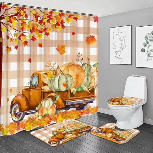 NBVKO Juego de cortina de ducha de 4 piezas, diseño de Acción de Gracias de otoño, calabaza, camión, cortina de baño con tapete antideslizante,