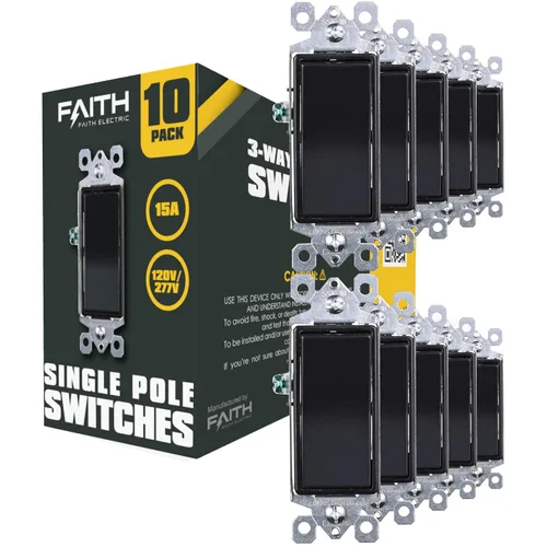 Miniatura 10 de Faith [Paquete de 10] Interruptor de pared de paleta decorativa de 3 vías, 15 A, 120/277 V, balancín de encendido/apagado, negro