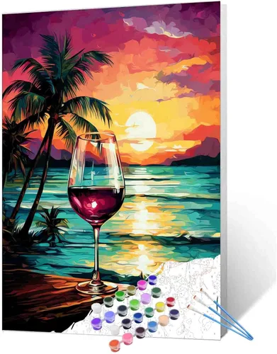 Miniatura 21 de Pintura de fiesta de vino tinto por números para adultos principiantes, vino vintage en vidrio, pintura por números, pintura acrílica, lienzo