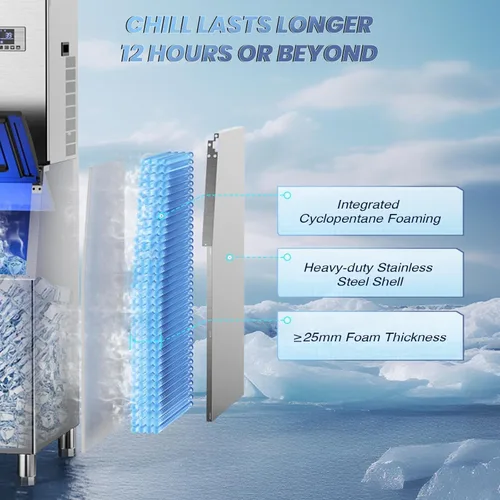 Miniatura 4 de Máquina comercial de hielo de 650 libras/24 h, almacenamiento de 400 libras, listo para hielo en 5-15 minutos, con modo de autolimpieza y función