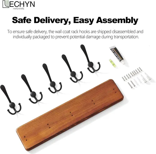 Miniatura 6 de Perchero de madera rústica con 5 ganchos, soporte de pared resistente para colgar chaquetas (marrón)