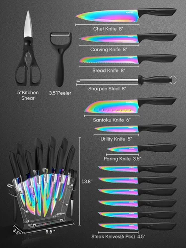 Miniatura 2 de Aiheal Juego de cuchillos, 16 piezas de acero inoxidable de alto carbono, juego de cuchillos de cocina de color arcoíris, hoja de revestimiento
