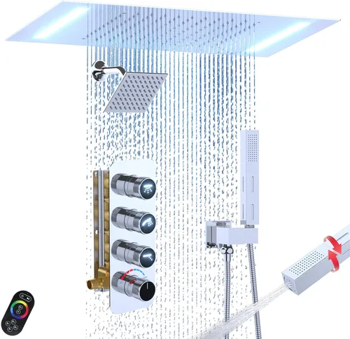 Miniatura 13 de Enga Sistema de cabezal de ducha doble, cabezal de ducha LED de lluvia de 14 x 20 pulgadas con cabezal de pared de 6 pulgadas, juego de grifo de Oro