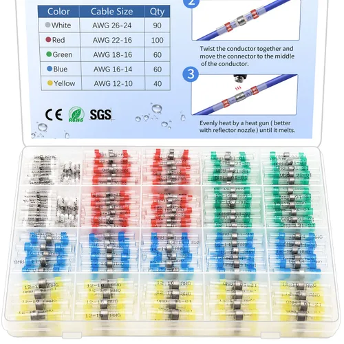 350 piezas de kit de conectores de alambre de sellado de soldadura, conectores de tope termorretráctiles, cableado impermeable marino, terminales de