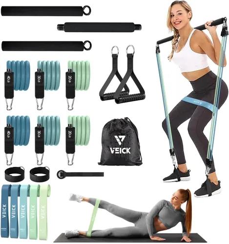 VEICK Pilates Bar Kit with Resistance Bands, Elastic Workout Bands for Men Women, Set of 5 Resistance Loop Bands for Home Fitness Stretching Azul