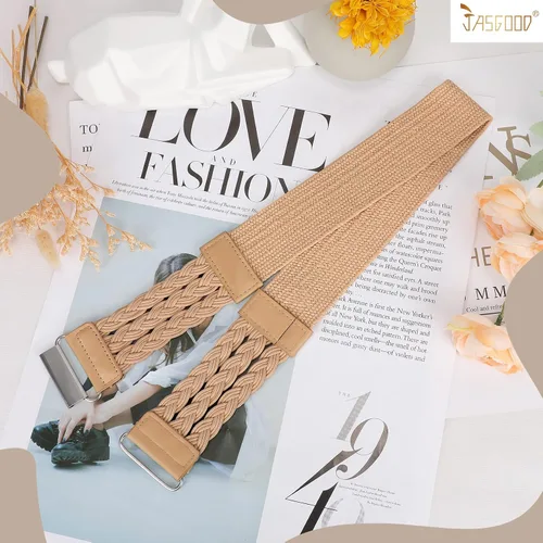 Miniatura 7 de JASGOOD Cinturón elástico tejido de paja verano Boho trenzado vestido cinturón mujeres cinturón elástico cinturón