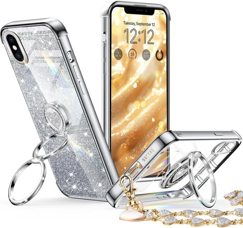 Miniatura 17 de XYZ para Funda de iPhone Xs Max con Soporte, Funda de Teléfono con Doble Soporte de Anillo, Funda de Amor-Corazón Linda de Lujo con Brillantina