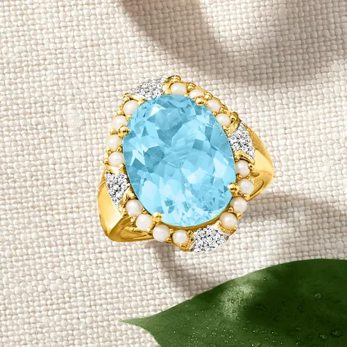 Miniatura 5 de Ross-Simons Anillo de topacio azul cielo de 11.00 quilates con diamantes y perlas de semillas de 0.10 quilates en oro de 18 quilates sobre plata