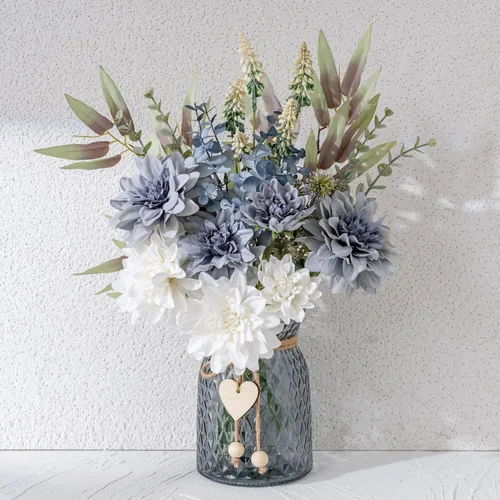 Miniatura 8 de LUEUR Flores falsas con jarrón, flores artificiales de hortensias en jarrón, arreglo de flores sintéticas adecuadas para el hogar, cocina, sala