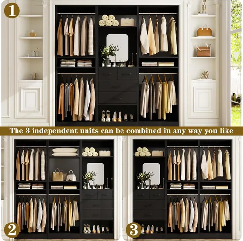 Miniatura 4 de Unikito Sistema de Armario Walk-in de 75 Pulgadas con 4 Cajones, Organizador de Armario de 6.3 Pies con Barras Colgantes y Diseño de Espejo, Armario