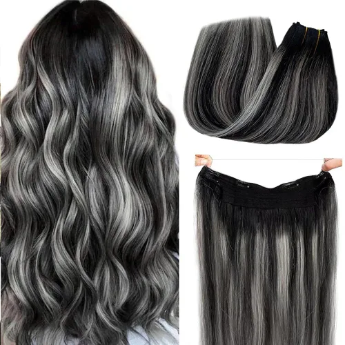 Miniatura 15 de Extensiones de cabello con alambre negro, extensiones de cabello balayage, extensiones de cabello con alambre de cabello humano, 14 pulgadas 70 g