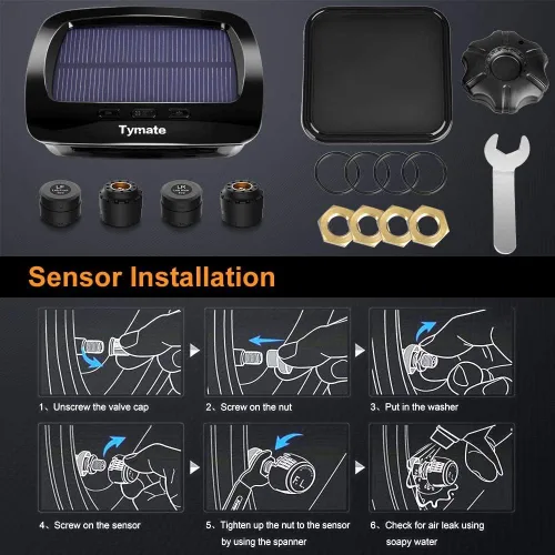 Miniatura 5 de Sistema Tymate de monitoreo de presión de neumáticos para RV - Sistema de monitor de presión de neumáticos M12-3 (0-87 PSI) con carga solar, 5 modos
