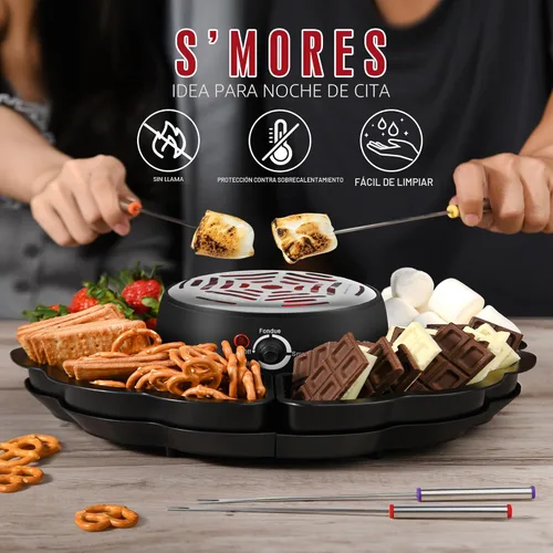 Miniatura 3 de Máquina eléctrica S'mores 2 en 1 y olla para fondue, kit de mesa para interiores con 4 tenedores para asar, 4 bandejas desmontables y 1 calentador
