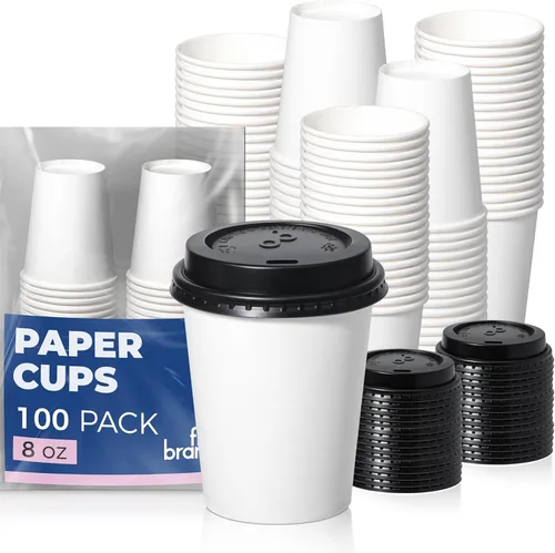 Fit Meal Prep Paquete de 100 tazas de café desechables de 8 onzas con tapas, vasos de papel de alta calidad, tazas de café caliente a prueba de