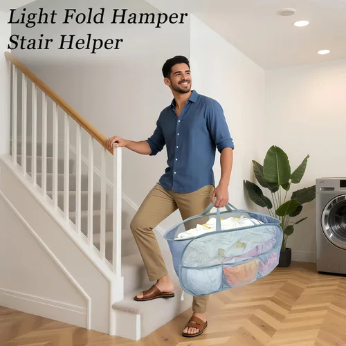 Miniatura 8 de Cestas plegables para la ropa sucia, paquete de 2 cestas de malla desplegable con asas, cesta portátil para escalera, cubo plegable para dormitorio