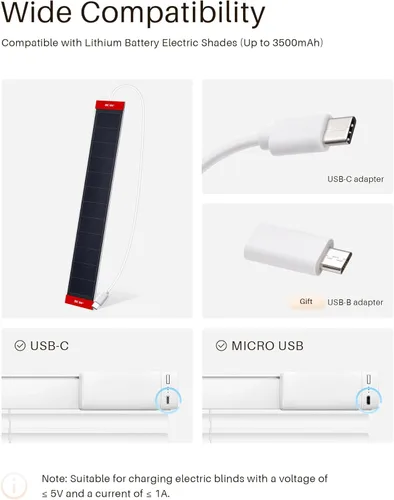 Miniatura 2 de 1 pieza Paneles solares 3.4 W 6 V de carga para persianas motorizadas con conector USB-C para cortinas operadas por batería de litio