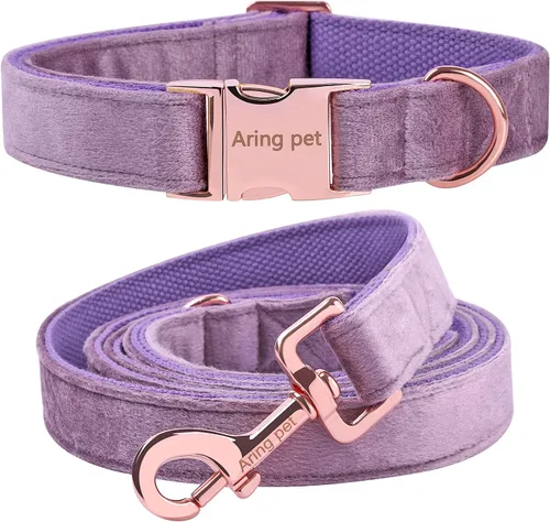 Miniatura 15 de ARING PET Juego de collar y correa de terciopelo para perro, collar y correa de perro morado suave, collares ajustables para perros Púrpura