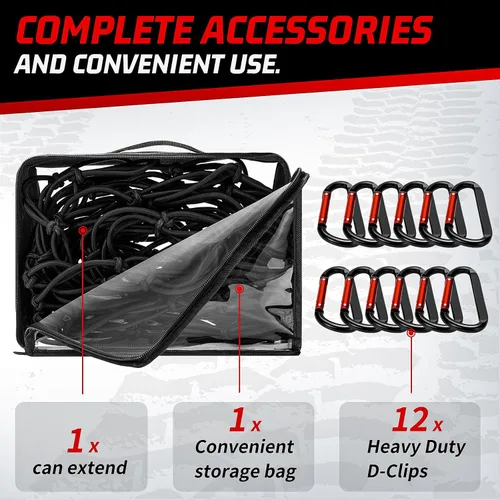 Miniatura 5 de Red de carga resistente para caja de camioneta, se estira de 3 x 4 pies a 9 x 12 pies, 12 mosquetones de metal, compatible con Ford, Dodge RAM