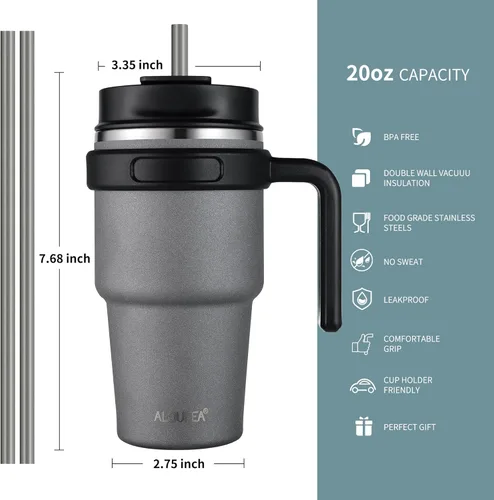 Miniatura 2 de Taza de café aislada de 20 onzas con asa, vaso de viaje de acero inoxidable con tapa y pajilla, taza térmica de doble pared a prueba de fugas
