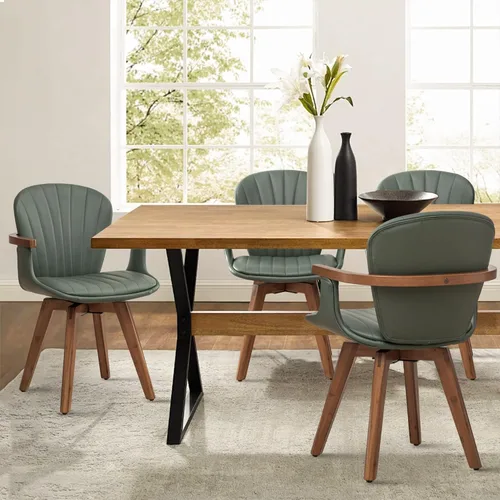 Miniatura 17 de LUNLING Sillas de comedor giratorias, sillas de cocina modernas de cuero sintético negro de mediados de siglo con brazos, patas de bambú, sillas