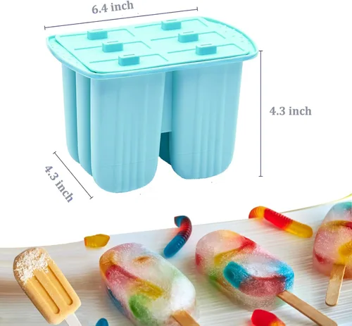 Miniatura 4 de Moldes de silicona para paletas con palillos, 6 cavidades, molde para helado con cepillo limpio, 6 palitos reutilizables, 50 palitos, 50 bolsas, Azul
