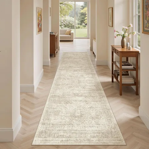 Miniatura 180 de Alfombra de pasillo Soalmost 2'6" x 10' lavable, alfombra antideslizante para cocina, baño, lavandería, alfombras vintage ultra delgadas para Beige
