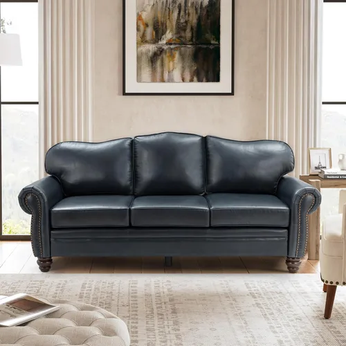 Miniatura 13 de El apoyo que necesitas 152 cm de ancho Sofá Chesterfield de cuero genuino, sofá con brazos enrollados, reborde con clavos para muebles de sala