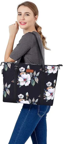 Miniatura 2 de MOSISO Bolsa de mano para laptop con puerto USB (13-13.3 pulgadas) con asa superior ajustable, bolsa para computadora portátil para mujeres, hibisco