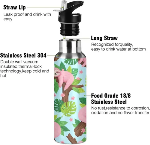 Miniatura 3 de Insulated Water Bottle 32 Oz, Leakproof Water Bottles for Gym Outdoor Travel School, Cute Pink Sloths Green Leaves