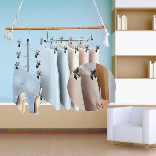 Miniatura 6 de Paquete de 4 perchas de metal para pantalones y faldas, perchas de 5 niveles que ahorran espacio con clips antideslizantes ajustables, gancho 4