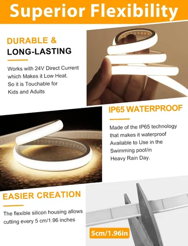 Miniatura 5 de Lamomo COB - Tira de luces LED, 9.84 pies, color blanco natural, regulable, autoadhesiva, con control remoto, flexible, cortable, impermeable, 4000