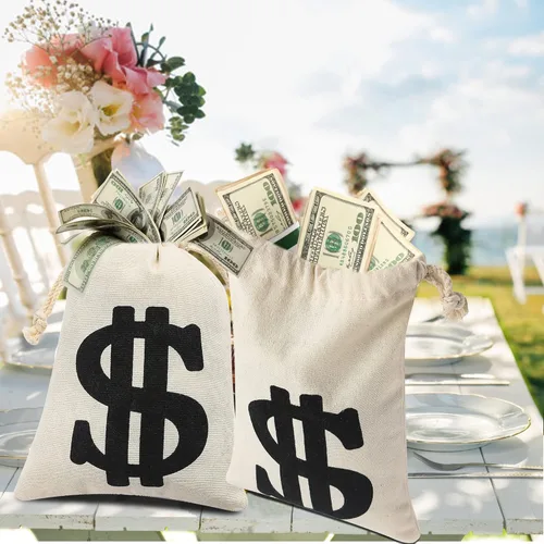 Miniatura 7 de Paquete de 4 bolsas de lona natural para dinero con cierre de cordón para recuerdos de fiesta, 6.3 x 9 pulgadas, letrero de dólar para ladrones