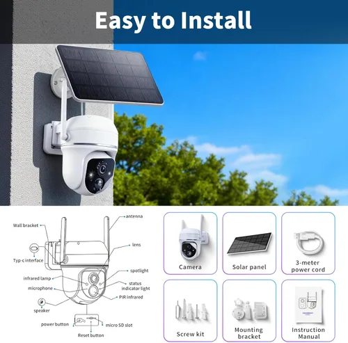 Miniatura 9 de Cámara inalámbrica de seguridad solar de 3 MP con visión de 360 ° con batería solar, cámara WiFi con detección de movimiento AI/conversación de 2