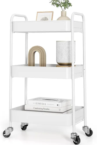 Miniatura 18 de TOOLF Carrito de metal de 3 niveles con ruedas, carrito organizador de almacenamiento para cocina, baño, oficina, artículos esenciales para bebés