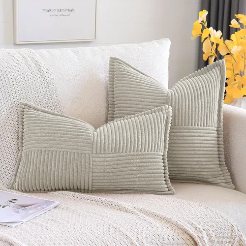 Miniatura 6 de OTOSTAR Fundas de almohada a rayas de corduroy con empalme, fundas de almohada boho súper suaves, fundas de almohada decorativas de textura en Gris