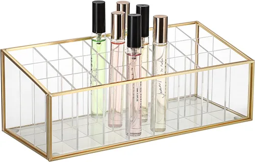 ELLDOO Rollerball Organizador de perfumes, 24 espacios acrílicos Glod Glass Perfume Soporte de almacenamiento de perfume Soporte de aroma de